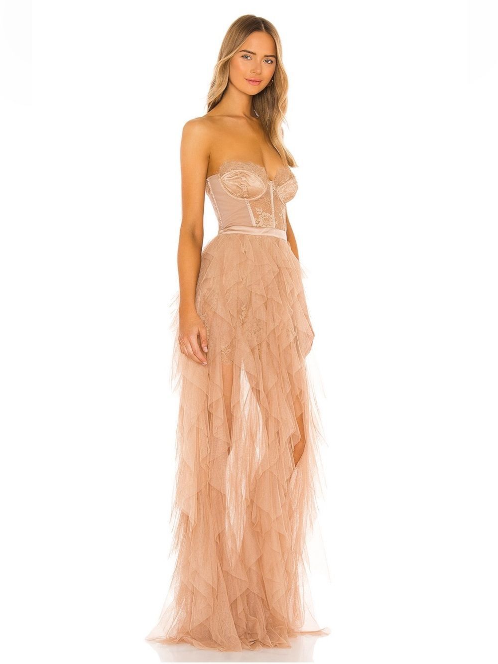 For Love & Lemons X Revolve Bustier Gown Warm Taupe Lace Corset Dress Sz M NWT - Picture 3 of 14